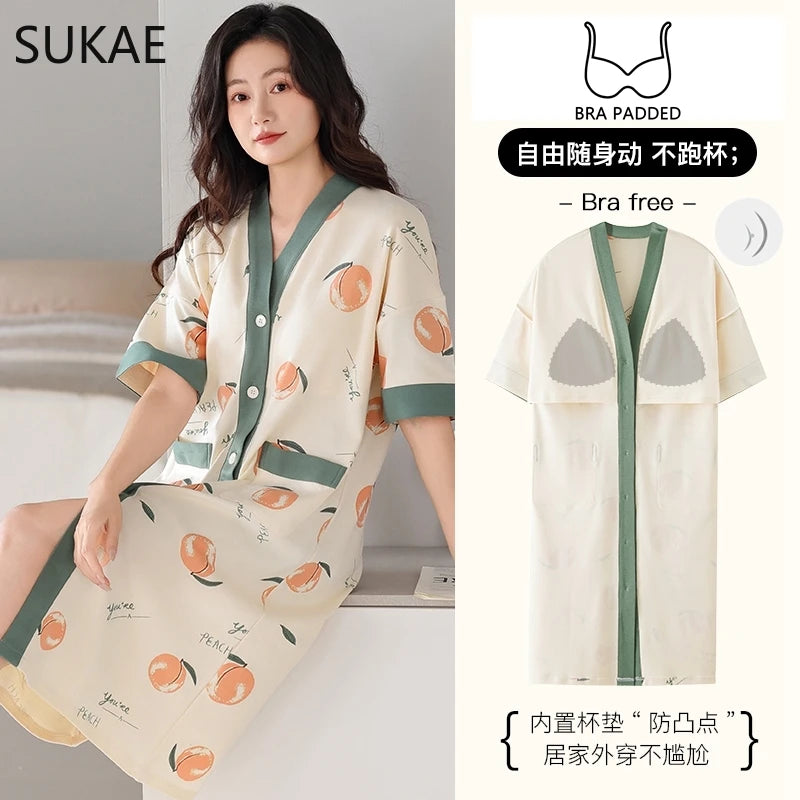 SUKAE Midi Nightdress M-5XL V-neck Bra Padded Botton Sleepshirt Plus Size Cotton Nightgowns Summer Women Short Sleeves Nightgown