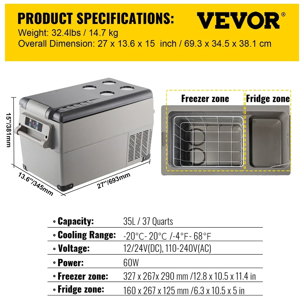 VEVOR  35L 45L 55L Car Refrigerator Mini Fridge Freezer Portable Compressor Cooler 12/24V DC 110-240V Ice Box for Camping