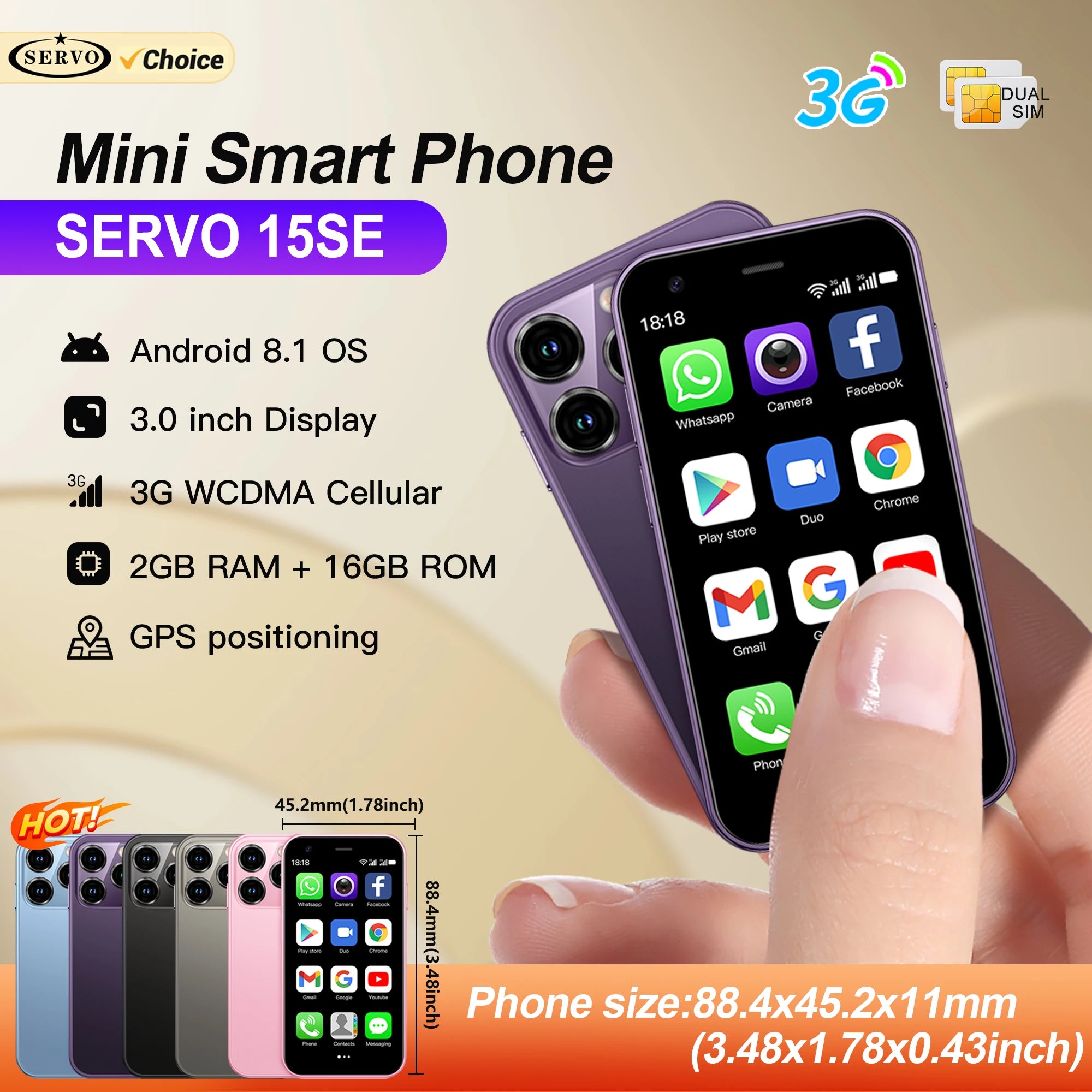 SERVO 15SE Mini Smartphone 3G WCDMA WiFi Hotspot Android OS Play Store WhatsAPP 2GB+16GB 2 SIM Card 3.0" Super Small Smart Phone Main image