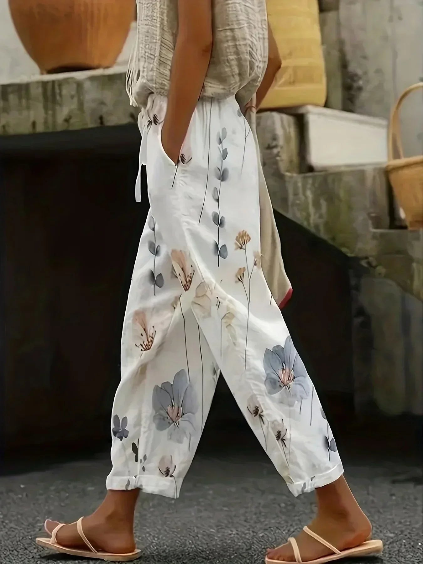 Plus Size 1XL-5XL Women's Fashion Floral Print Straight Elastic Drawstring Pocket Pants Ladise Casual Versatile Pants