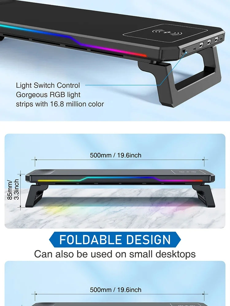 RGB Light Effect Rechargeable Desktop Monitor Height Stand 3 USB 2.0 Port Universal Laptop Storage Rack With Wireless Charging