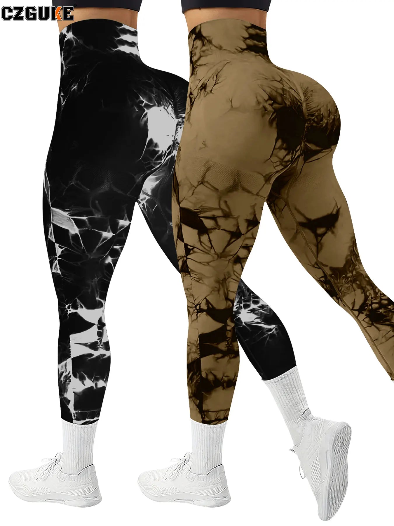 CZGUKE 2-piece women's tie dye pants sports leggings seamless high waisted push ups women's fitness and exercise clothes