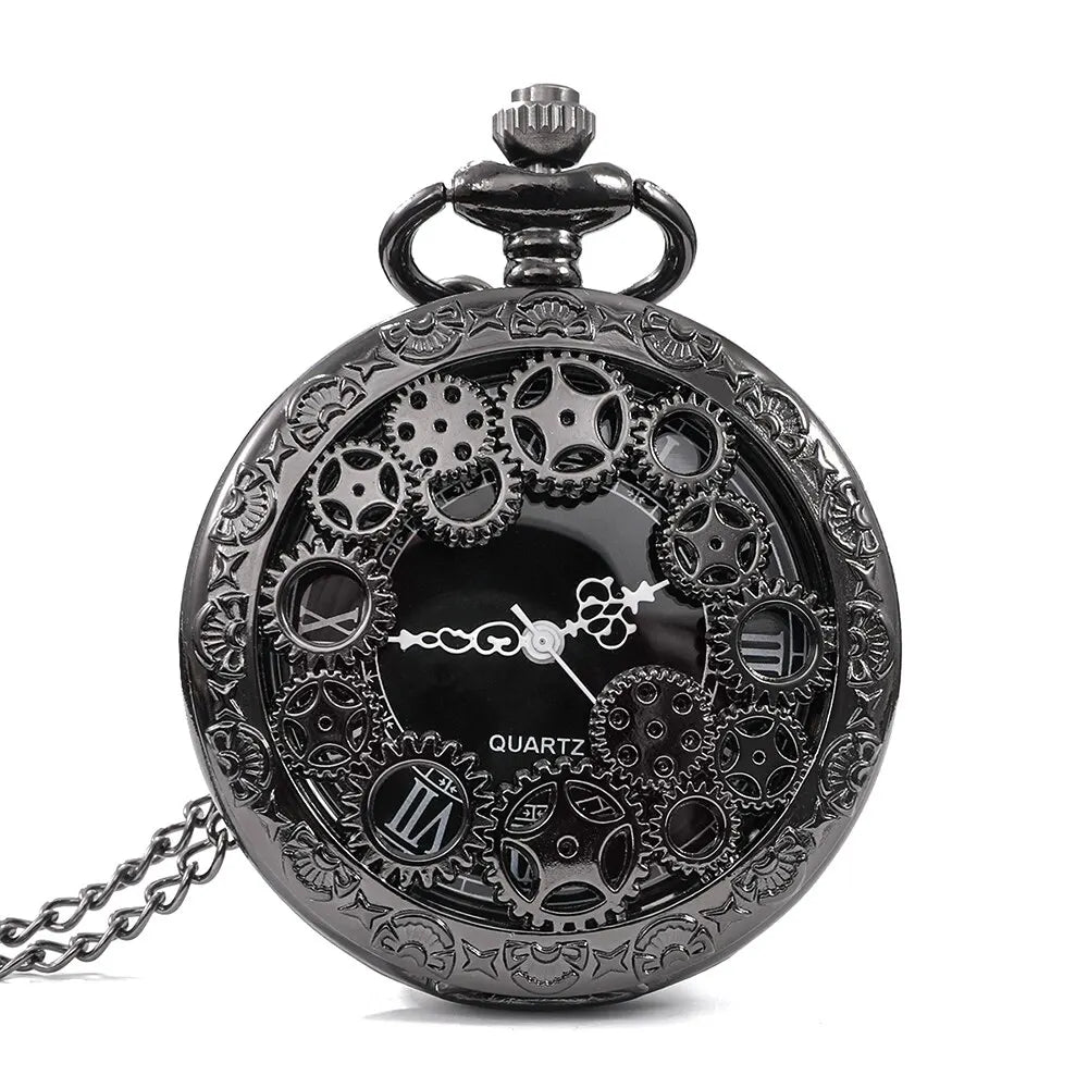Steampunk Copper Vintage Hollow Gear Hollow Quartz Pocket Watch Necklace Pendant Clock Chain Men Women with Chain Gifts Main image