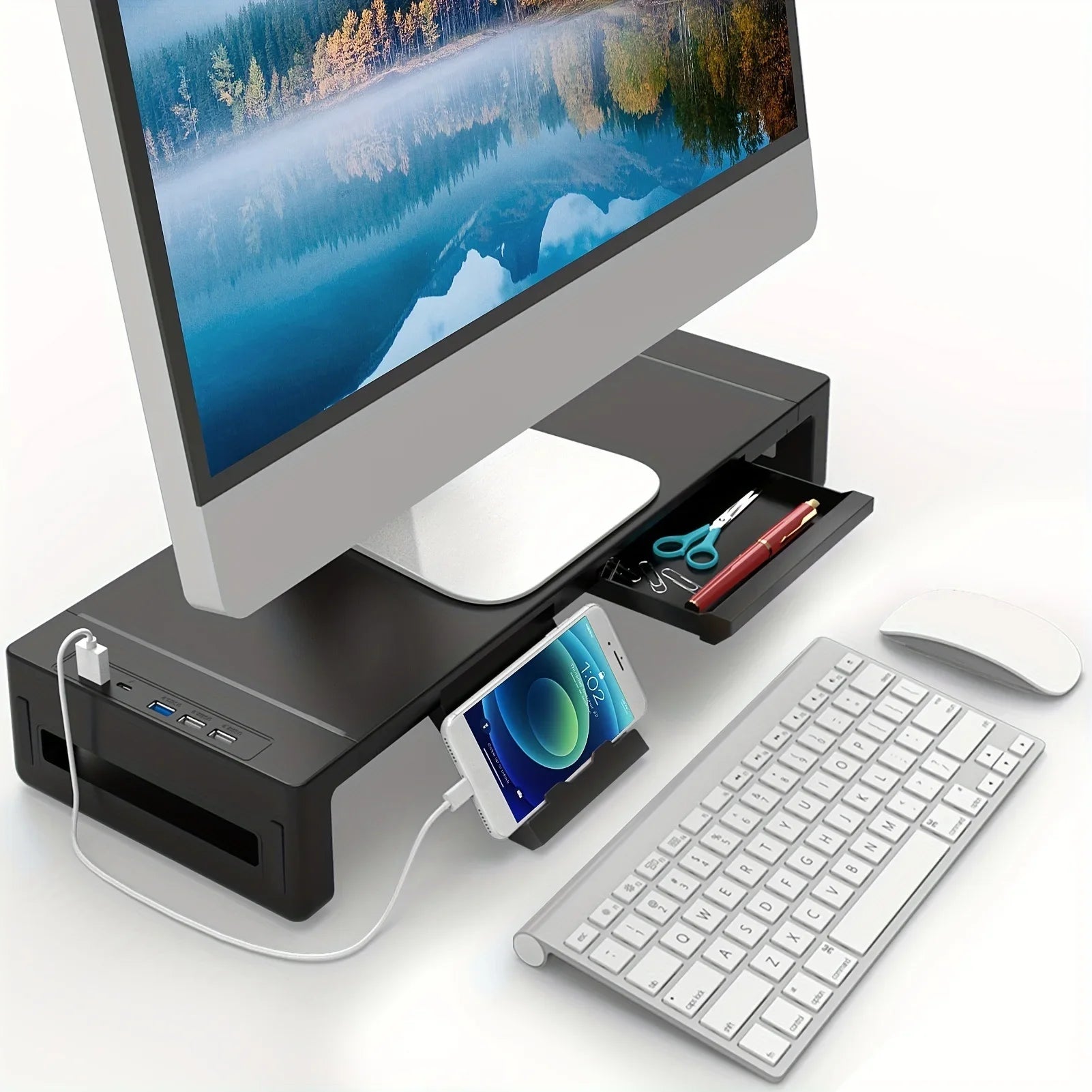 Monitor Stand Riser, With Foldable, Height Adjustable Computer Stand, Desk Shelf Riser with Storage Drawer &Tablet Phone Main image