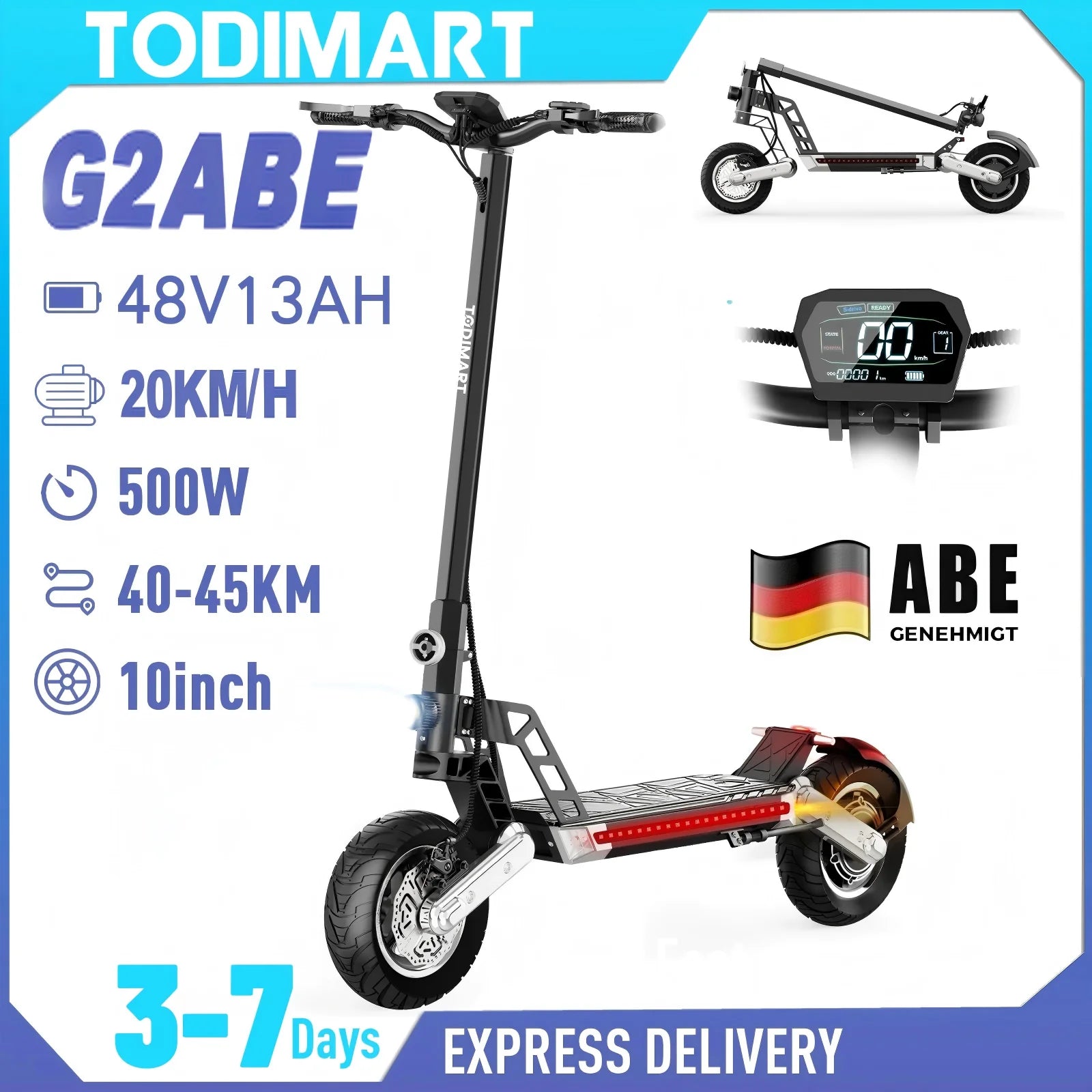 TODIMART G2 ABE E Scooter, 48V 13AH, 500W, 40-45KM range, 20km/h, Dual shock absorbers, dual disc brakes, 10-inch off-road tire Main image