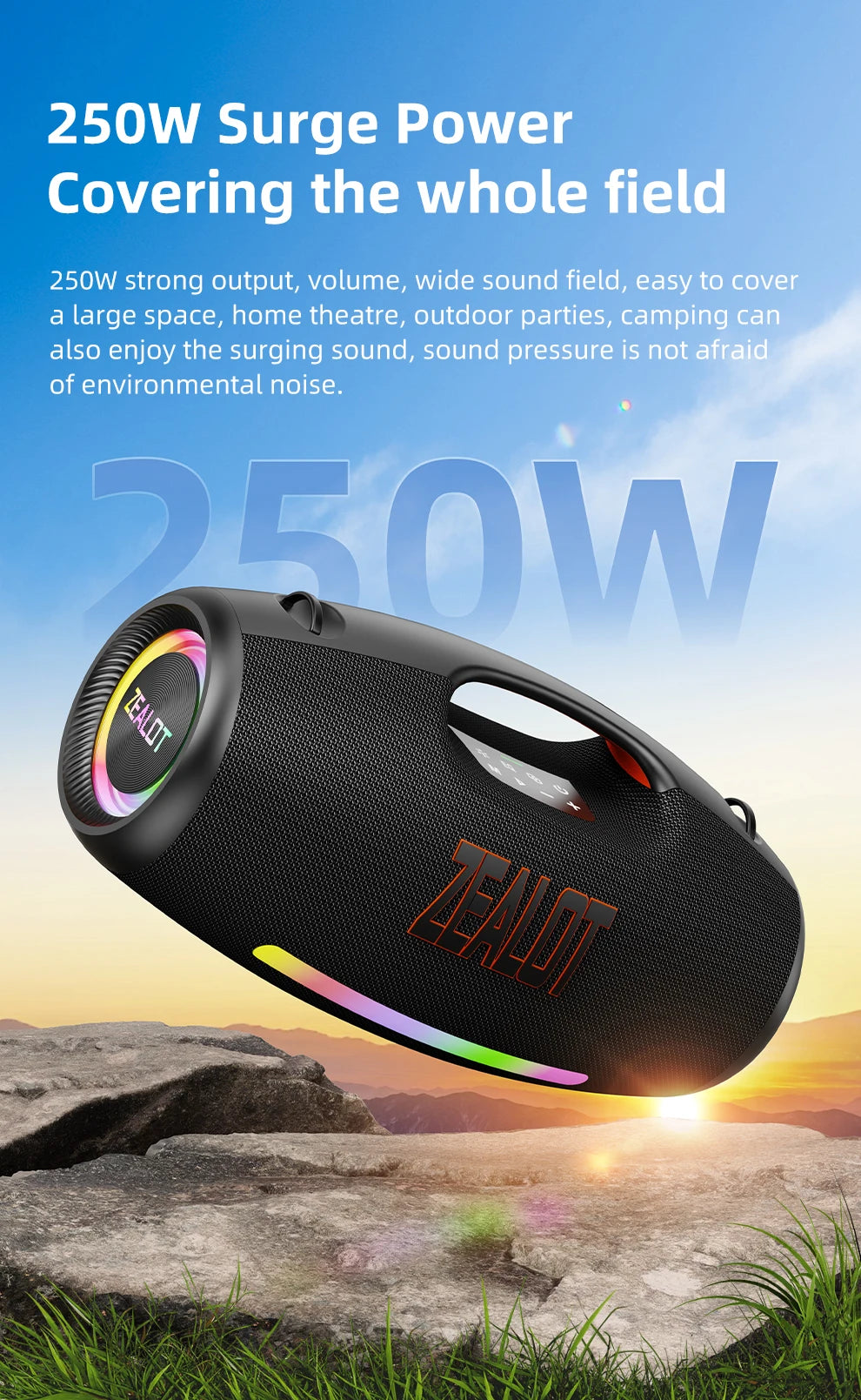 ZEALOT-S89 250W Waterproof Portable Loud Bluetooth Speaker, Wireless Outdoor Boombox SubwooferTriple Passive Radiators-Deep Bass