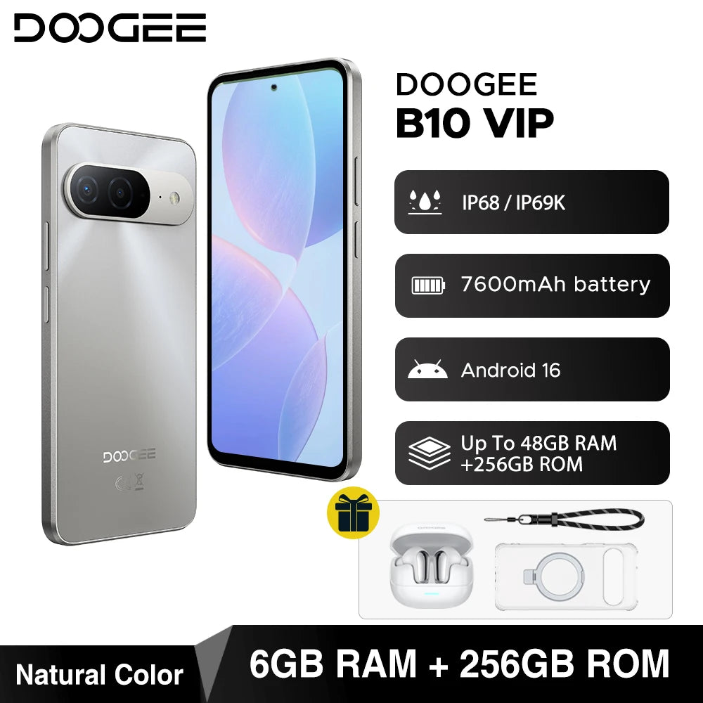 World Premiere DOOGEE B10 Smartphone 7600mAh Battery 6GB 256GB 6.6'' Display 64MP AI Camera Gemini AI Android 16 Mobile Phone