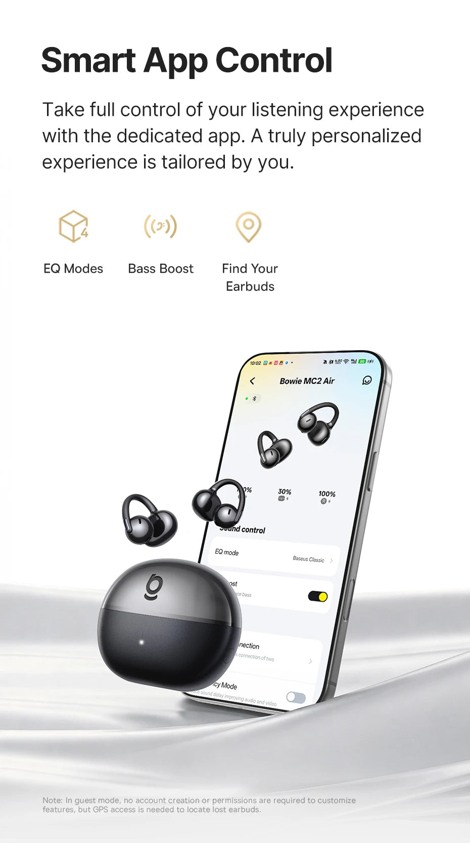Baseus Bowie MC2 AIR Clip-on TWS Earbuds Ear Clips Wireless Earphones Bluetooth 6.0   Open earrings 4 Mic ENC Sports Headphone