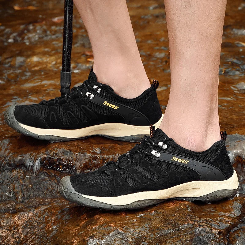 Spring Summer Leather Mesh Outdoor Trekking Shoes Hiking Shoes  Walking Tourism Camping Upstream Sneakers Anti-Slip Breathable