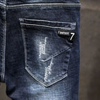 American Elastic Straight Jeans Men Ripped Worn-out Slim-fit Cotton Denim Pants Korean Style Fashion Blue Black Men's Clothing