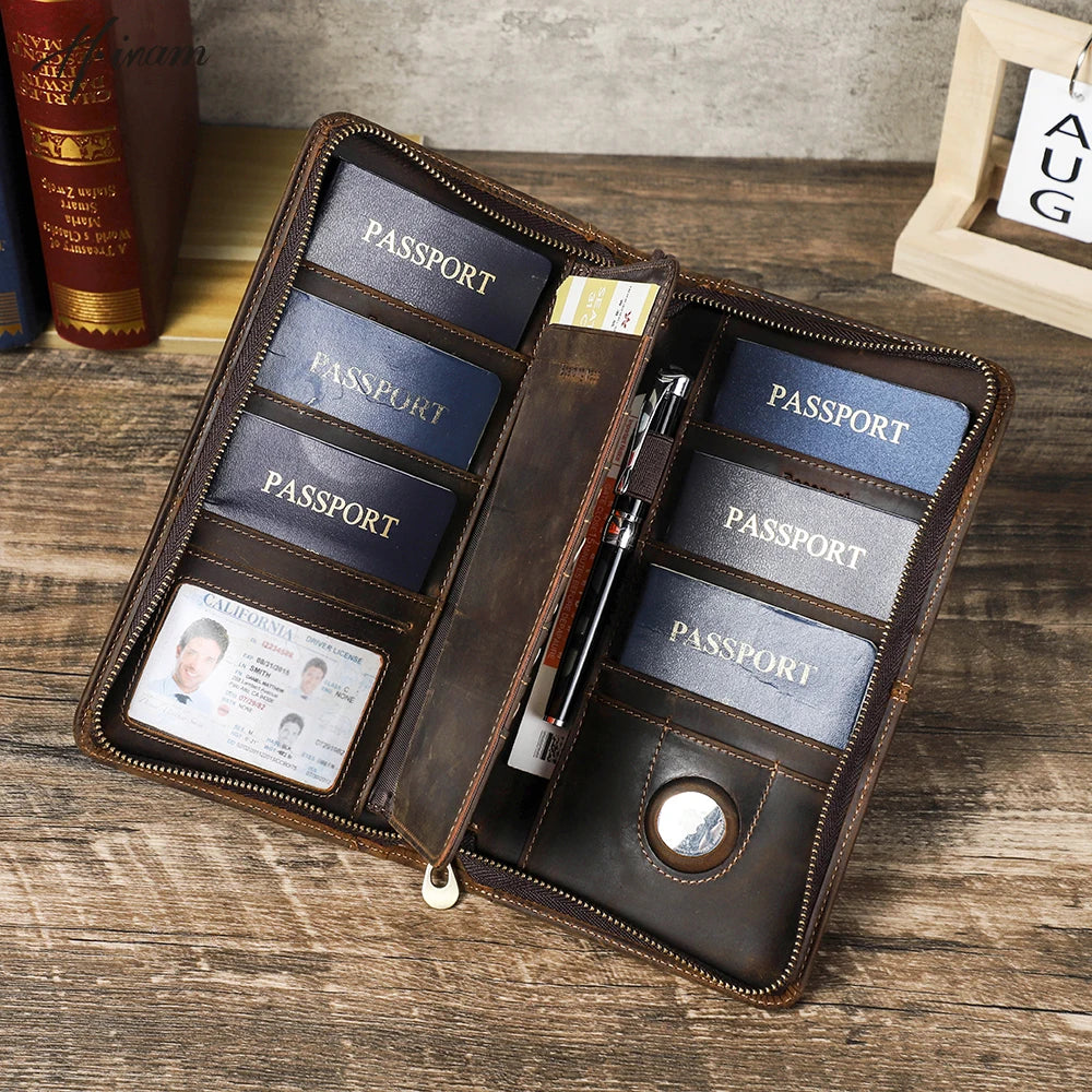Family Passport Wallet with AirTag Slot for Travel Genuine Leather Credit Card Boarding Pass Holder Pen Cover Money Clutch Bag Main image
