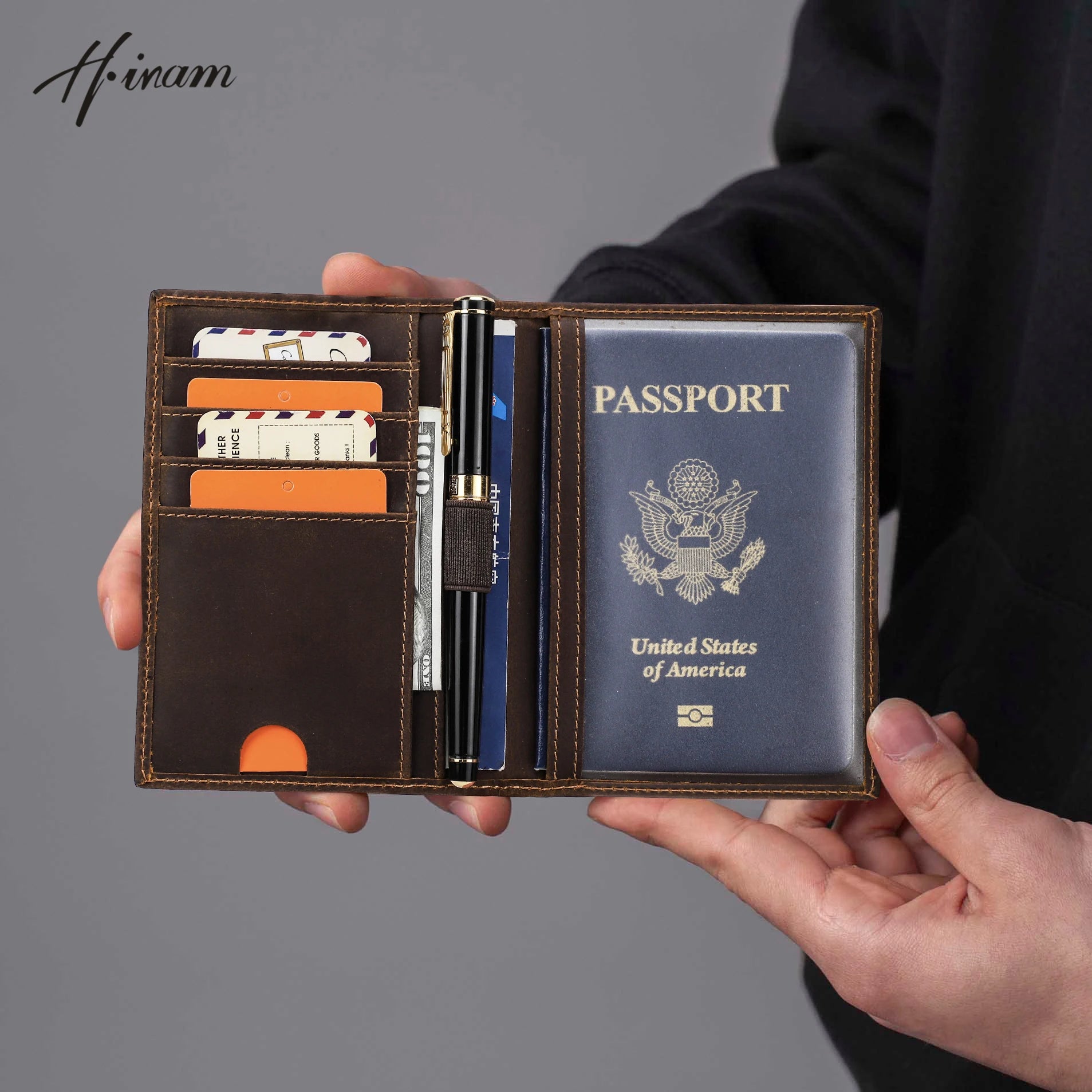 Retro Leather Passport Cover RFID Blocking For Cards Travel Passport Wallet Document Organizer Case With 1 Pen Holder Men Women Main image