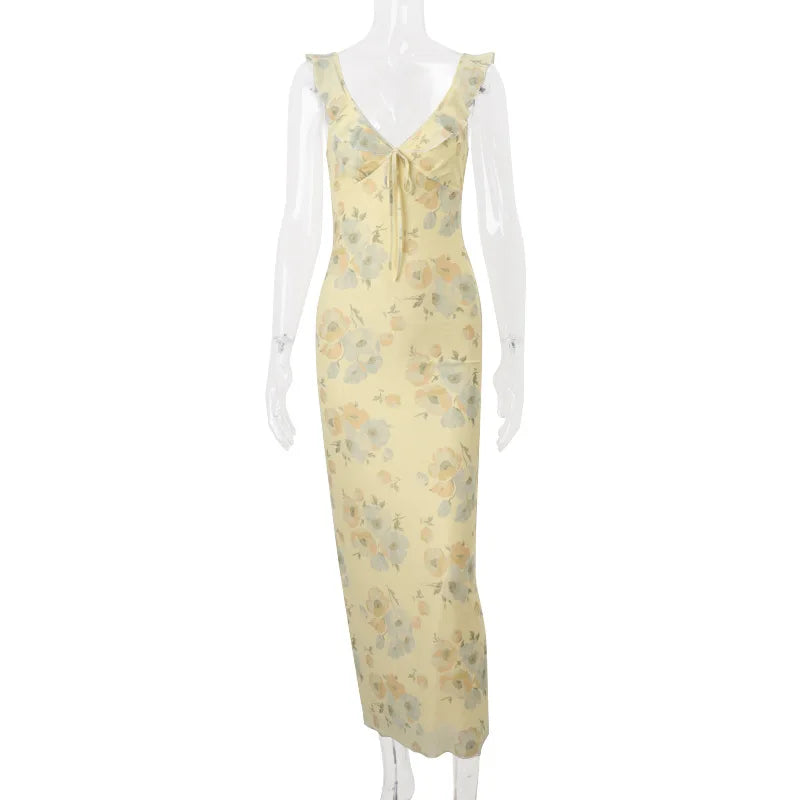 Cryptographic Summer Floral Print Plunge Maxi Dress Outfits Sexy Backless Fairy Sun Dresses Vacation Beachwear Vestido Coquette