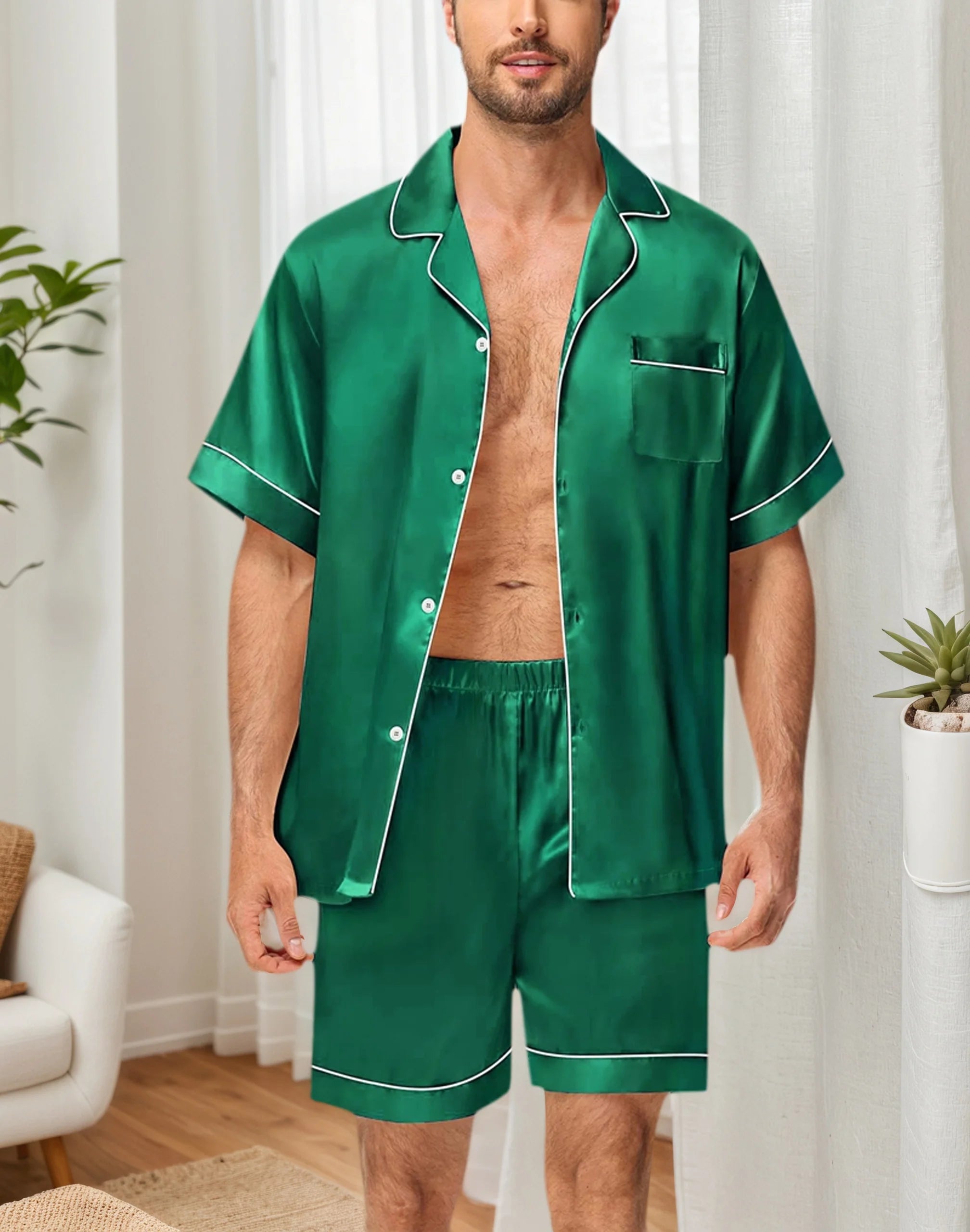 Men's Silky Satin 2Pcs Pajama Set Short-Sleeve Lapel Chest Pocket Shirt And Shorts Smooth Touch Soft Sleepwear Cozy Nightshirts Main image