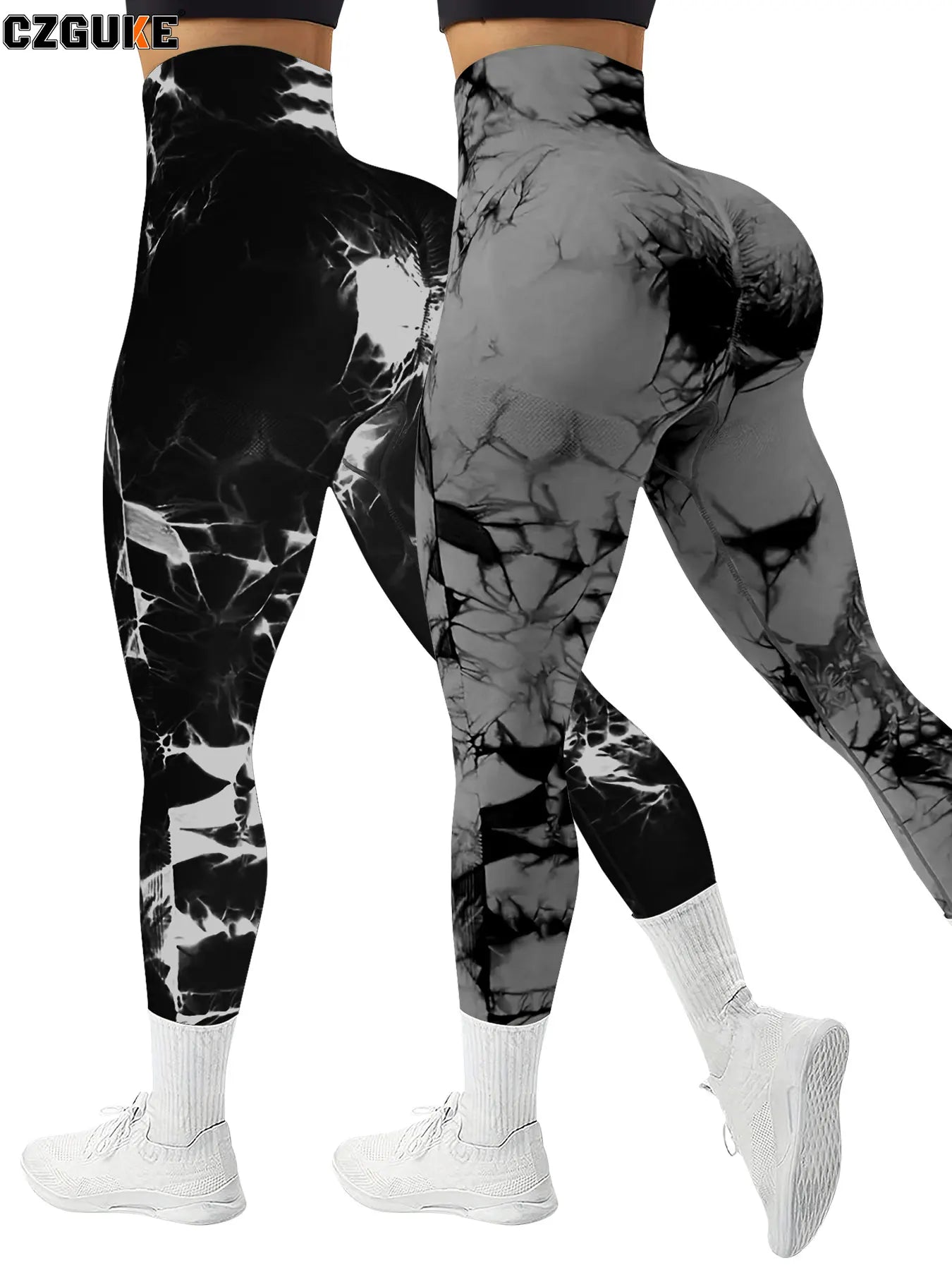 CZGUKE 2-piece women's tie dye pants sports leggings seamless high waisted push ups women's fitness and exercise clothes