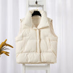 Women Fashion Autumn New 2024 Stand Collar Elegant Down Coats Warm Outerwear Casual Belt Sleeveless Winter Women Vests Jackets