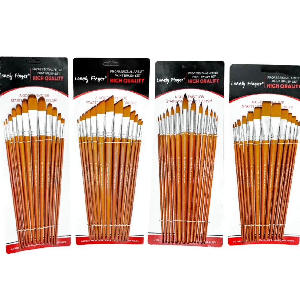 13 Pcs Long Handle Artist Paint Brush Set, 4 Tip Shapes :Pointed/Flat/Angled/Filbert for Multi-Media Art & Craft,Wooden Handle Main image