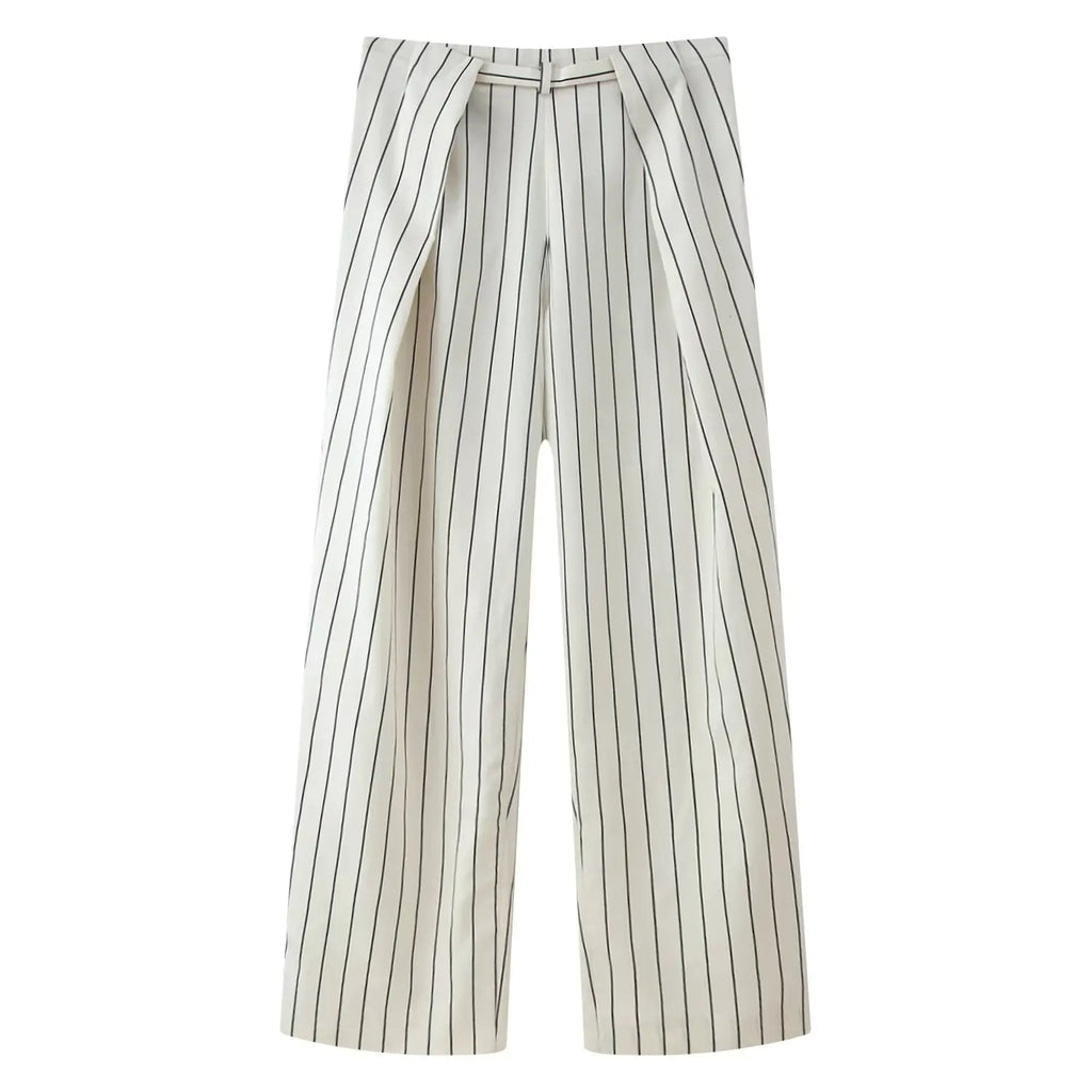 HH Women 2026 New Fashion Versatile Beige Striped Puffy Sleeve Shirt+High Waisted Loose Pleated Casual Long Pants Two Piece  Set