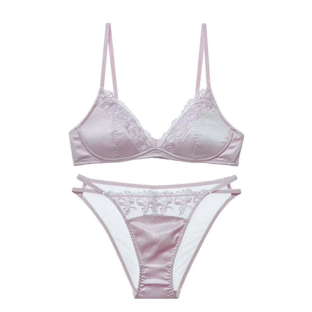 French Style Lingerie Set for Women, Thin Non-Wired Triangle Cup Bra, Lace & Embroidery Design