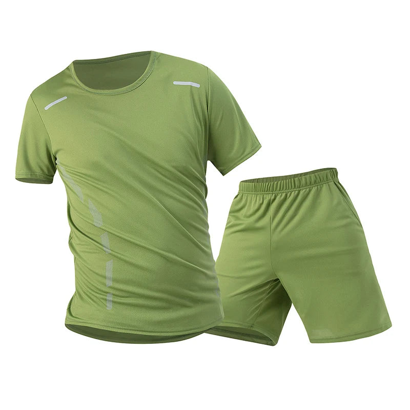 2-Piece Men's Summer Quick drying Sports Suit Loose And Breathable Short Sleeved T-shirt Running And Fitness Black Pocket Shorts