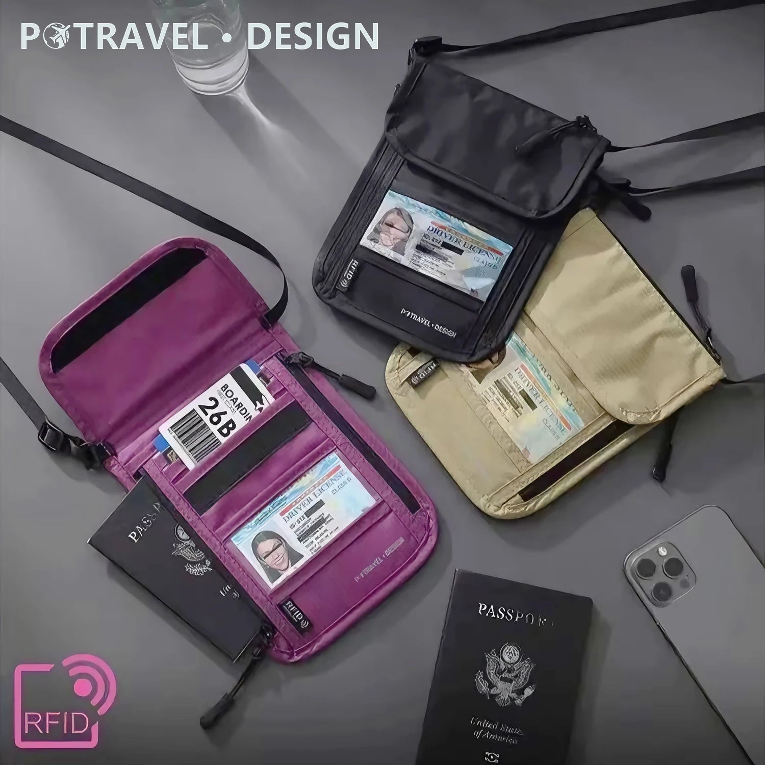 Ultra-light RFID Passport Shoulder Bag with AirTag Compartment Waterproof Travel Organizer Pouch for Phone Cash Driver License Main image