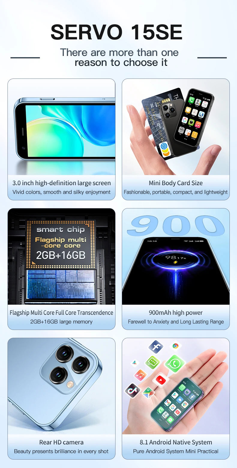 SERVO 15SE Mini Smartphone 3G WCDMA WiFi Hotspot Android OS Play Store WhatsAPP 2GB+16GB 2 SIM Card 3.0" Super Small Smart Phone