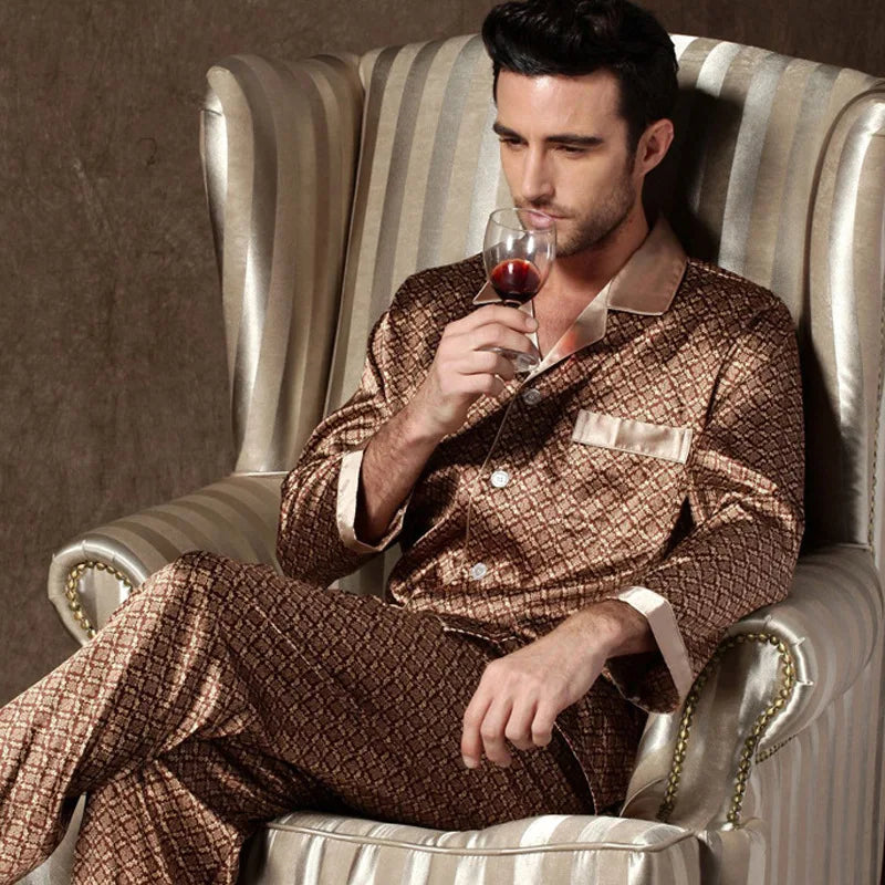 High Quality Pajamas Set Men Spring Autumn Thin Polyester Ice Silk Long-sleeved Sleepwear Plus Size Summer Home Clothes Male Main image