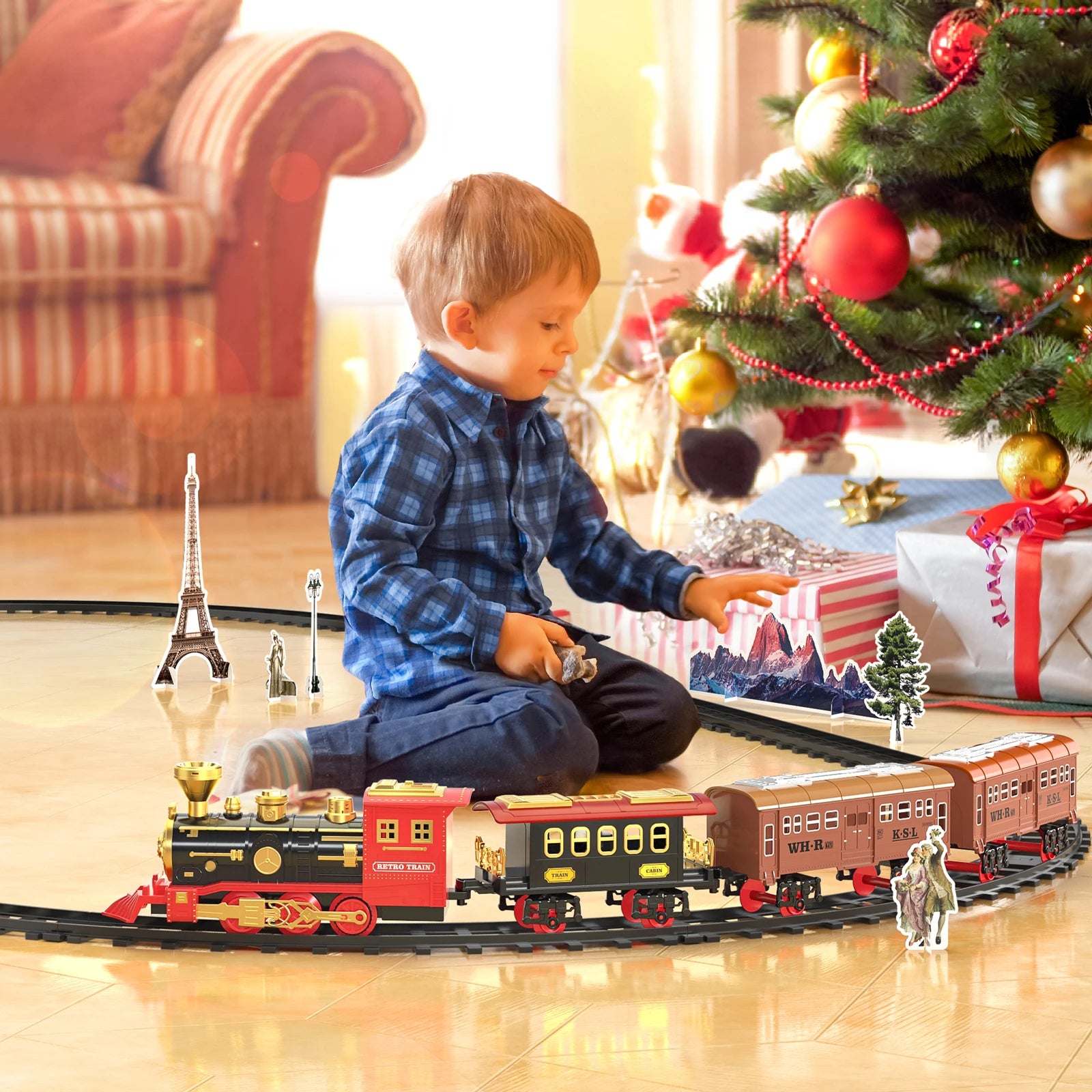 Electric train toy set, car, railway, steam locomotive engine, die-casting model, educational game, children's and boys' toys Main image