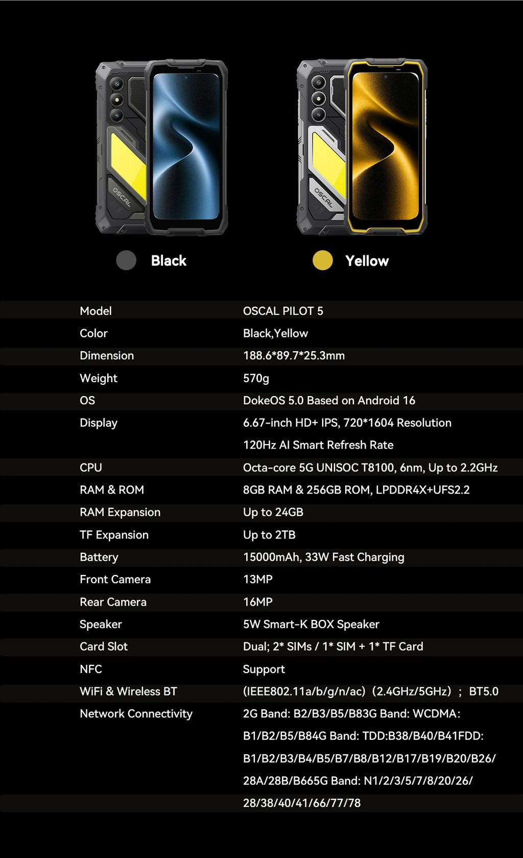 Blackview OSCAL PILOT 5 5G mobile phones AI Rugged Smartphone UNISOC T8100 6.67" 2.4K Display 120Hz, 8GB 256GB, 15000Amh Phones