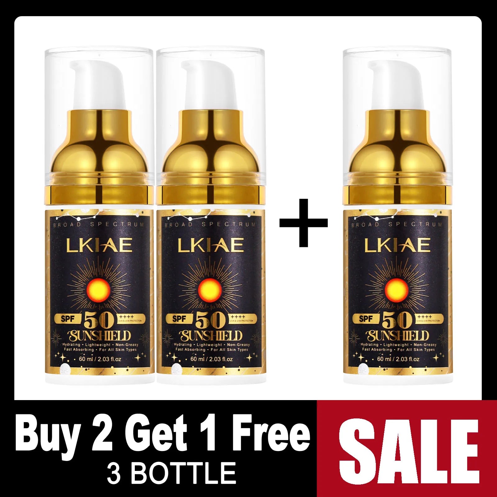 LKIAE Sunscreen, Broad Spectrum SPF 50, UVA/UVB, Lightweight & Non-Greasy, Sunblock, for Face, Body, Non-Comedogenic, 60ml