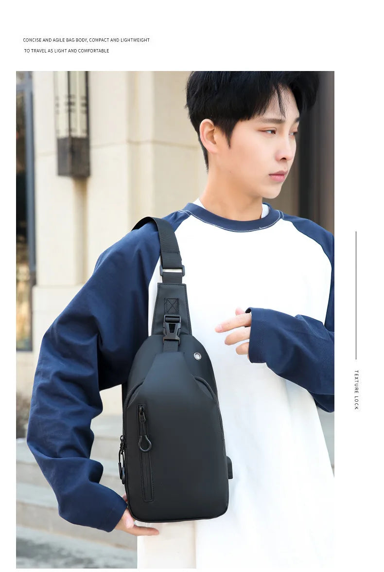 Men Bag Fashion New Solid Color Men Chest Bag Outdoor Casual Fashion One Shoulder Crossbody Bag Nylon USB Charging Shoulder Bags