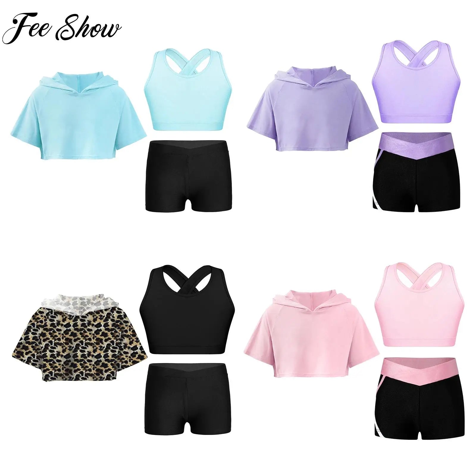 3Pcs Girls Sports Set Vest+Hooded Crop Top+Shorts Sportswear Set for Child Dance Yoga Running Cycling Workout Costume Activewear Main image