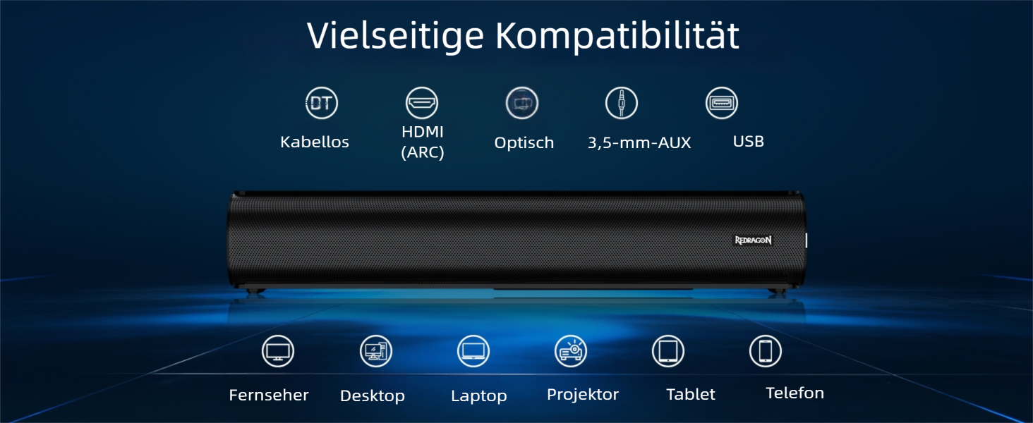 Redragon GS821 Computer Soundbar - Hi-Fi Stereo PC Speaker with BT 5.3, Optical/HDMI ARC/AUX/USB Port, 3 EQ Modes,